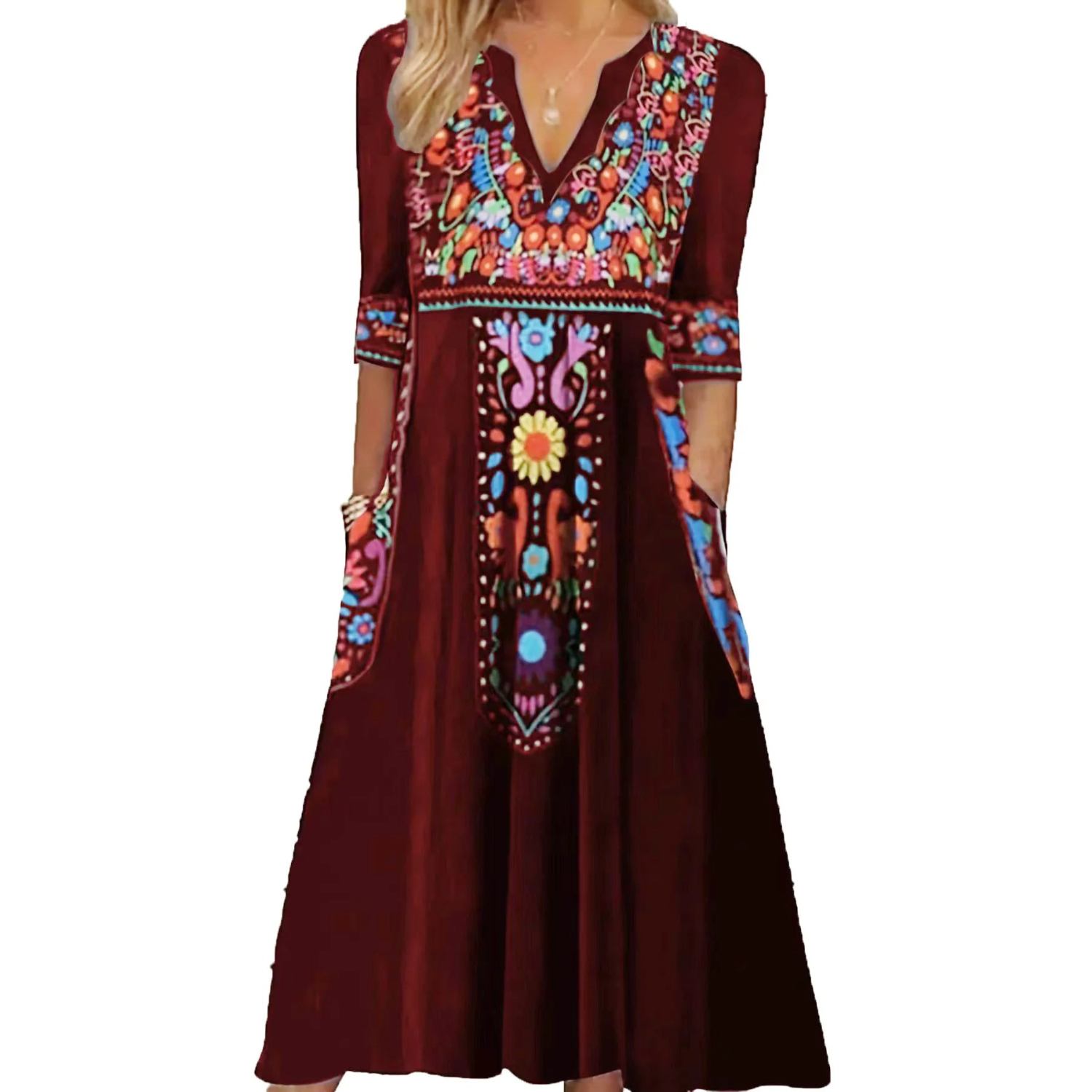 Dames Boho Maxi Jurk Geborduurde Details V-hals Mouwloos Zomer Casual - Blauw / Rood / Zwart - Maelen