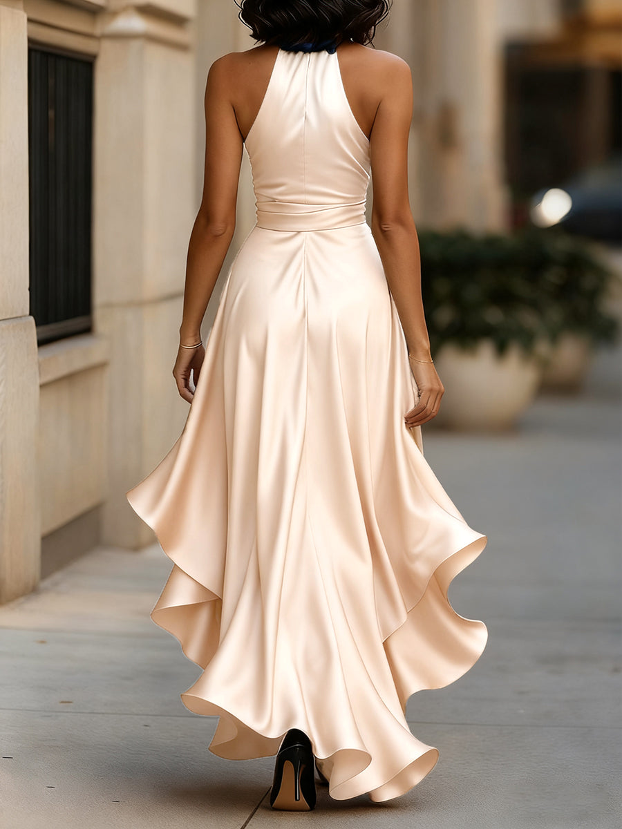 Dames Halter Maxi Jurk Satijn Look Diepe V-hals Split Vloerlengte Feestelijk - Marineblauw / Champagne / Bordeaux - Maelen