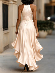 Dames Halter Maxi Jurk Satijn Look Diepe V-hals Split Vloerlengte Feestelijk - Marineblauw / Champagne / Bordeaux - Maelen