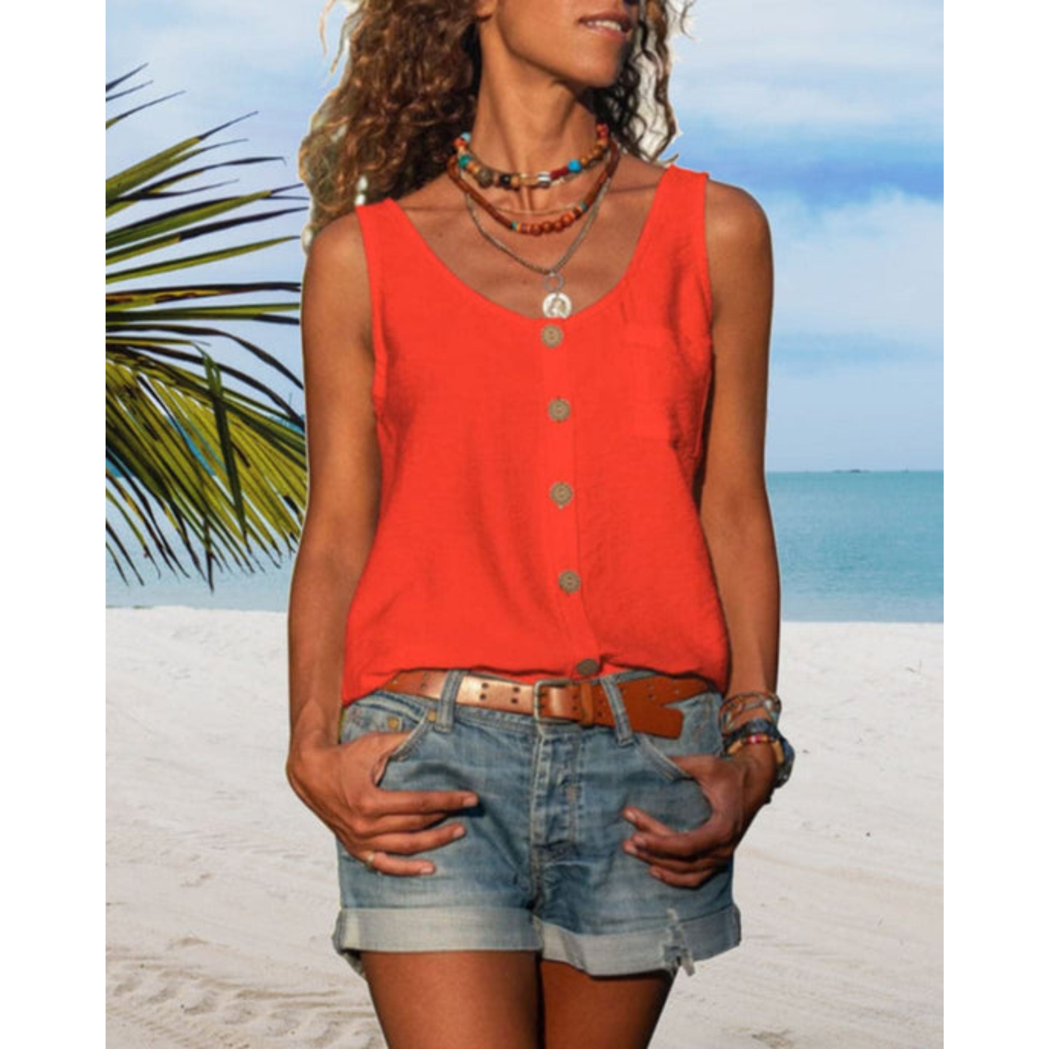 Minke Top | Mouwloze Dames Top met Ronde Hals en Knoopsluiting