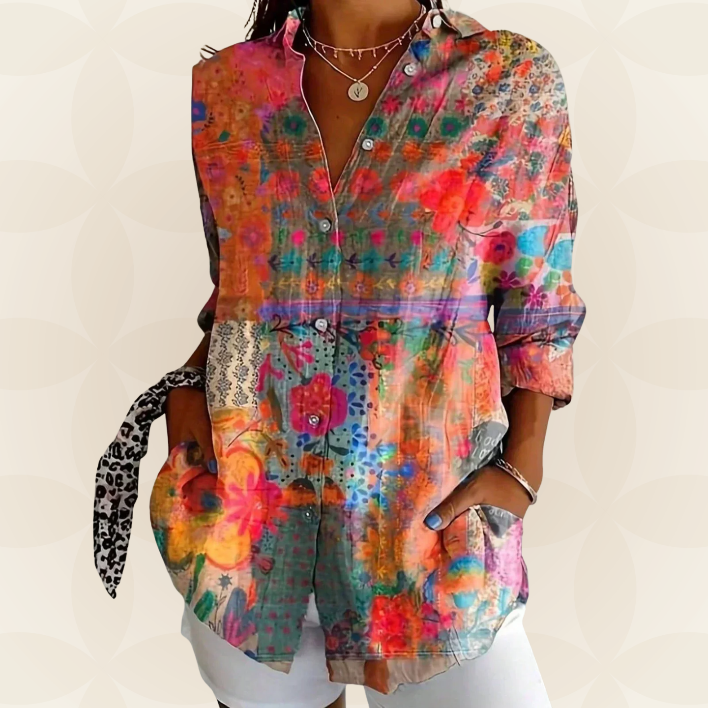 Damesblouse Kleurrijke Print Lange Mouwen Casual - Roze / Oranje / Groen - Maelen