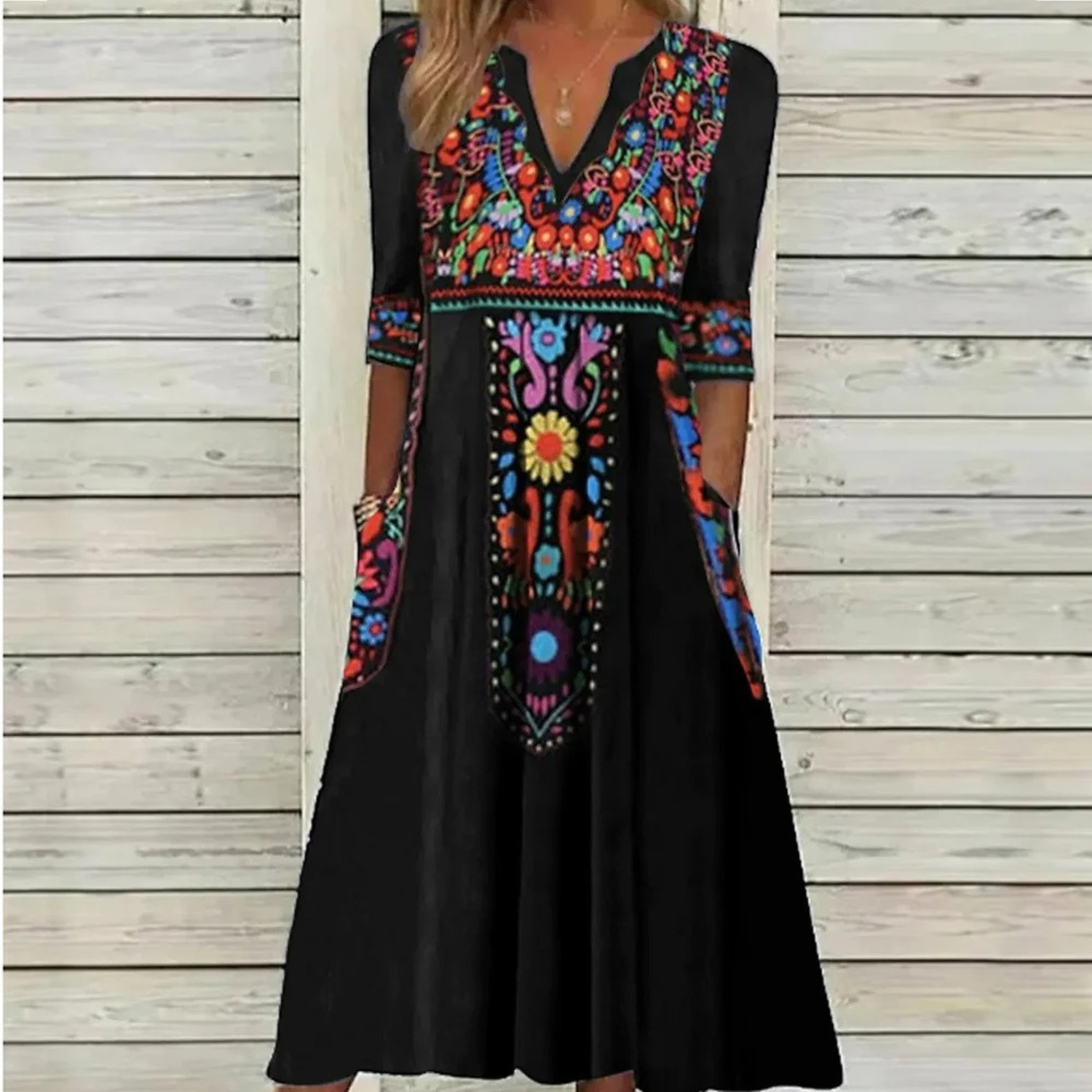 Dames Boho Maxi Jurk Geborduurde Details V-hals Mouwloos Zomer Casual - Blauw / Rood / Zwart - Maelen
