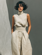 Linnen Set Dames Tweedelig Mouwloze Top en Wijde Broek - Lichtblauw / Khaki / Olijfgroen - Maelen