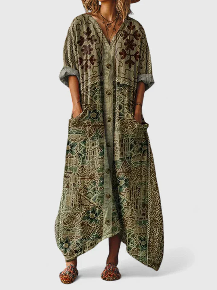 Dames Boho Maxi Jurk Bloemenprint Korte Mouwen Zijzakken Oversized Casual Feestelijk - Oranje / Rood / Groen - Maelen