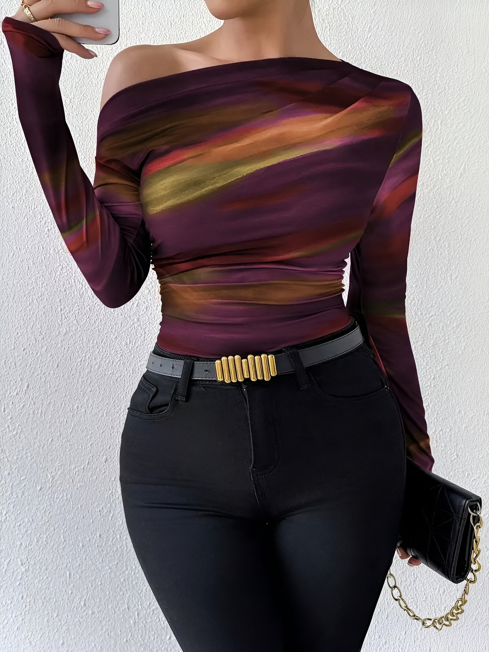 Billie T-Shirt | Gebreid T-Shirt met Asymmetrische Schouderkraag en Gemarmerd Ontwerp