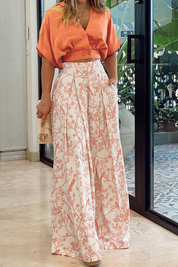 Tweedelige Set Dames Crop Top Pofmouwen en Wijde Pantalon - Oranje / Zwart / Rood - Maelen