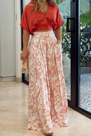 Tweedelige Set Dames Crop Top Pofmouwen en Wijde Pantalon - Oranje / Zwart / Rood - Maelen