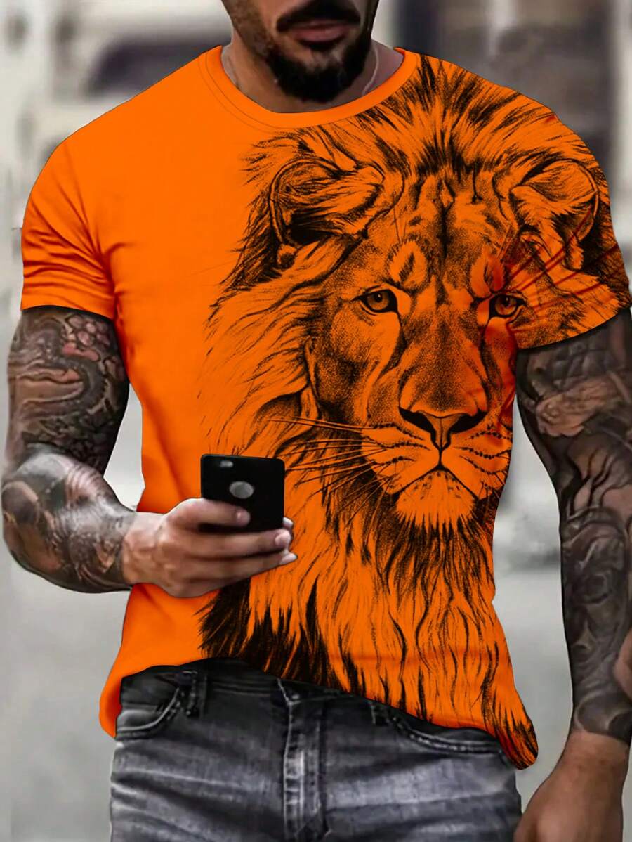 T-shirt Heren WK Nederlands Elftal Leeuwenprint Regular Fit Ronde Hals - Oranje