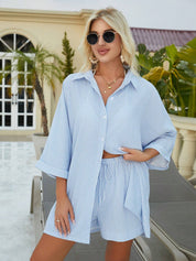 Noa Set | Gestreept Tweedelig Strandset met Oversized Blouse en Elastische Shorts