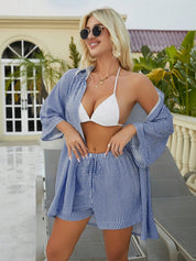 Noa Set | Gestreept Tweedelig Strandset met Oversized Blouse en Elastische Shorts