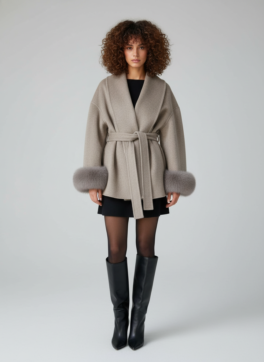 Elegante Wolmantel voor Dames – Korte Wrap Jas met Ceintuur & Faux Fur Manchetten | Isabella Fontana
