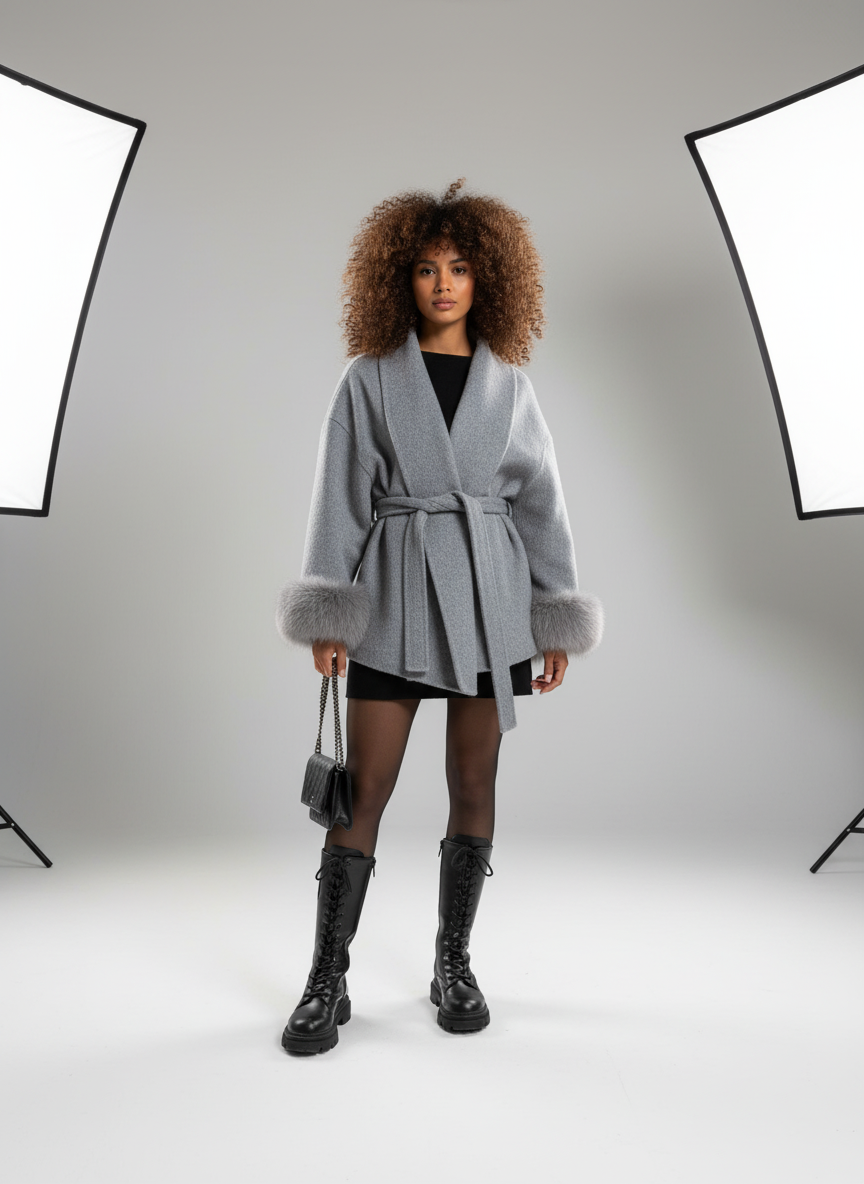 Elegante Wolmantel voor Dames – Korte Wrap Jas met Ceintuur & Faux Fur Manchetten | Isabella Fontana