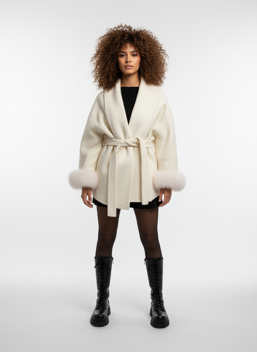 Elegante Wolmantel voor Dames – Korte Wrap Jas met Ceintuur & Faux Fur Manchetten | Isabella Fontana