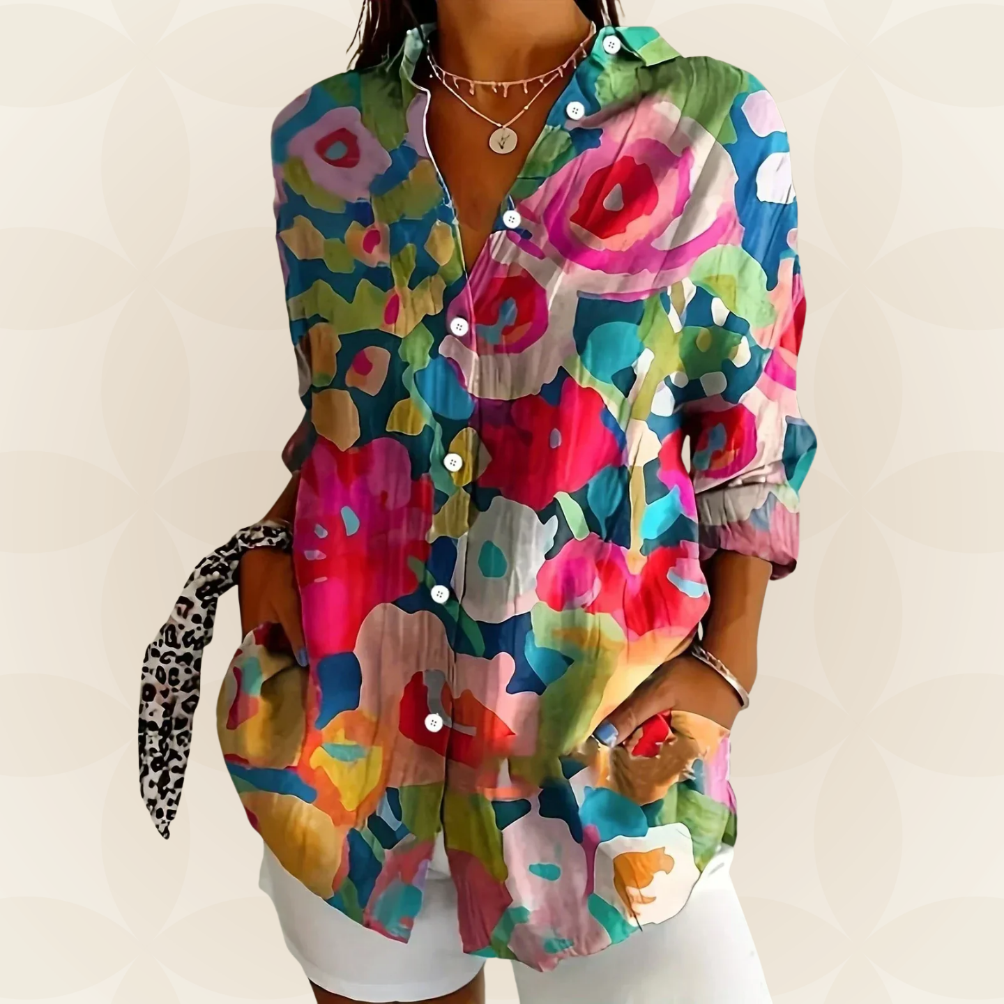 Damesblouse Kleurrijke Print Lange Mouwen Casual - Roze / Oranje / Groen - Maelen