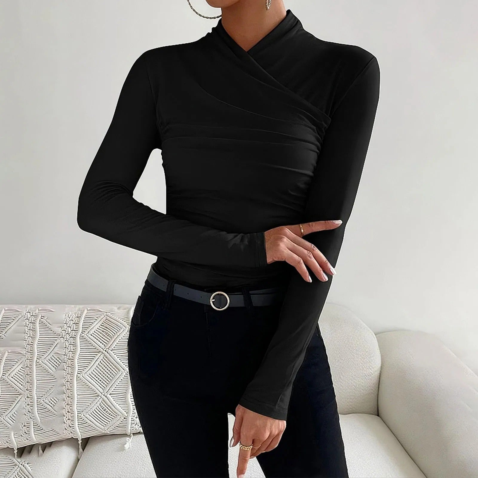 Wikkeltop Dames Lange Mouwen Ruches Strak Aansluitend - Beige / Roze / Zwart - Maelen