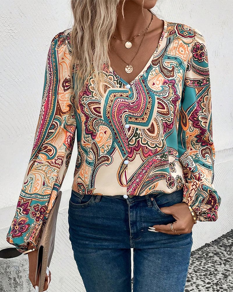 Mirella Blouse | Bloemenprint Damesblouse met V-Hals en Lange Mouwen