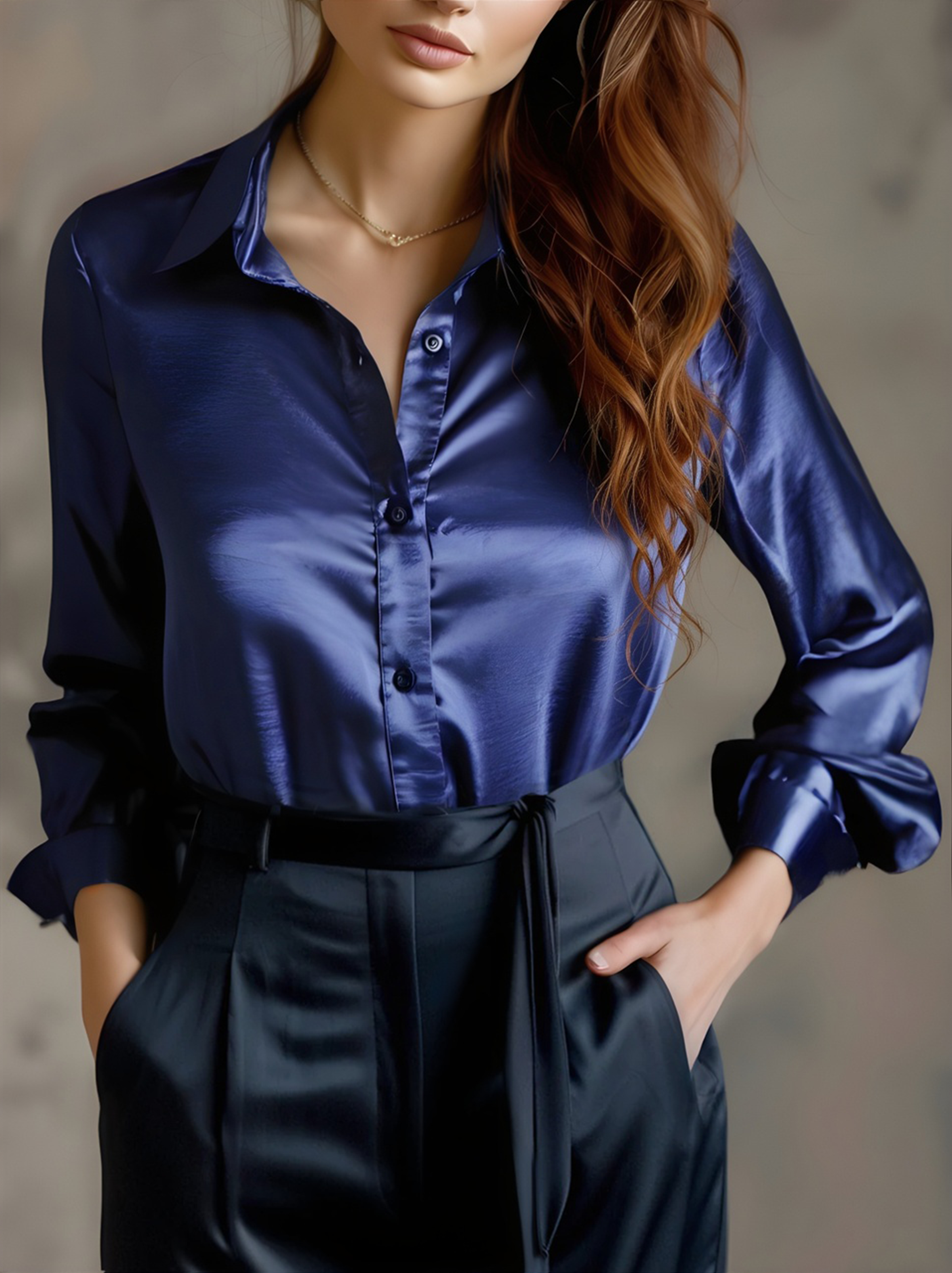 Giulietta Zwarte satijnen dames blouse – elegante blouse met lange mouwen en luxueuze glans