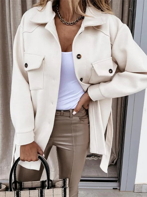 Dames Overshirt Knopen Grote Zakken Middellang Casual Herfst Lente - Wit / Beige / Khaki - Maelen