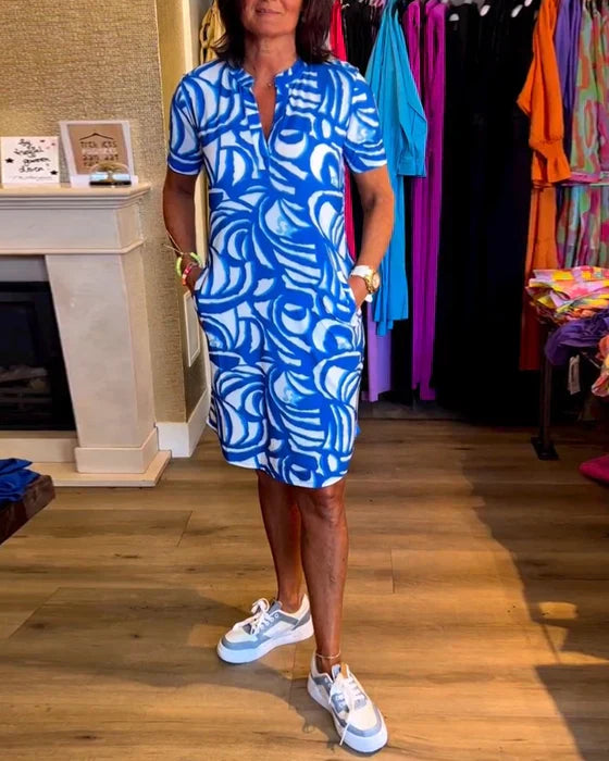 Dames Midi Zomerjurk Print Korte Mouwen Casual Lente Zomer - Blauw / Rood / Groen - Maelen