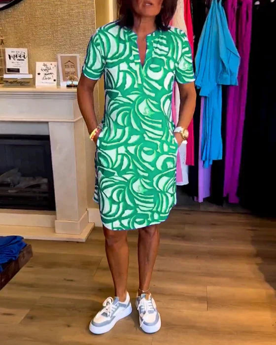 Dames Midi Zomerjurk Print Korte Mouwen Casual Lente Zomer - Blauw / Rood / Groen - Maelen