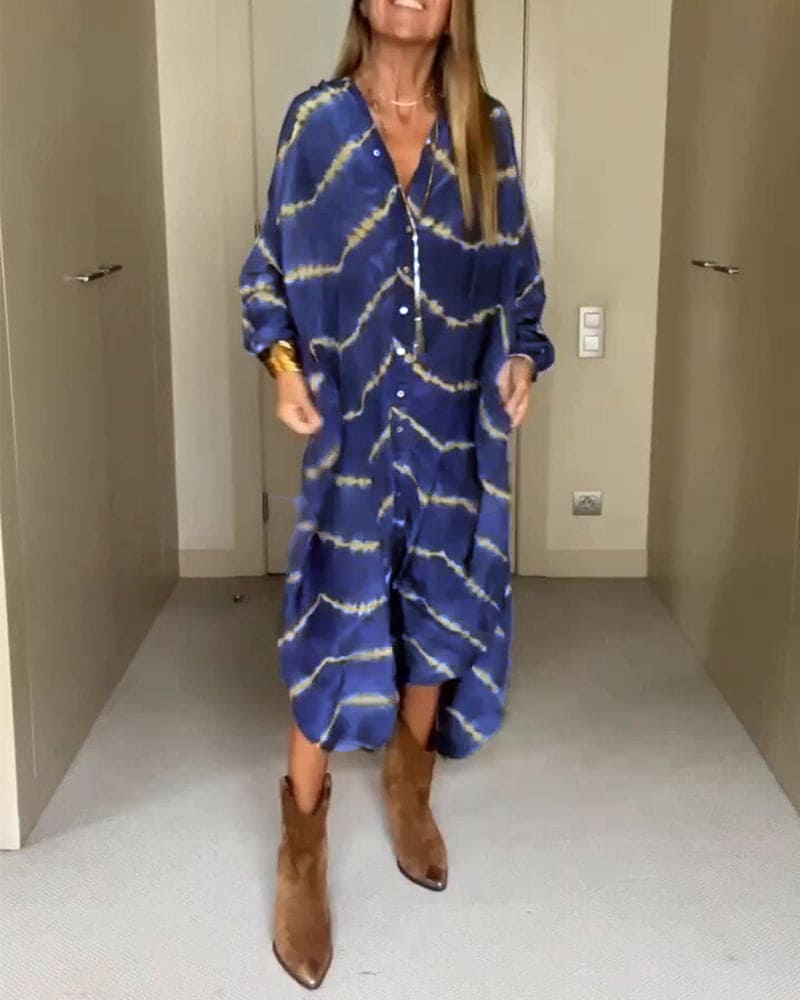 Aurelia Jurk | Zomerse V-Hals Jurk met Boho Print, Losse Pasvorm en Zakken