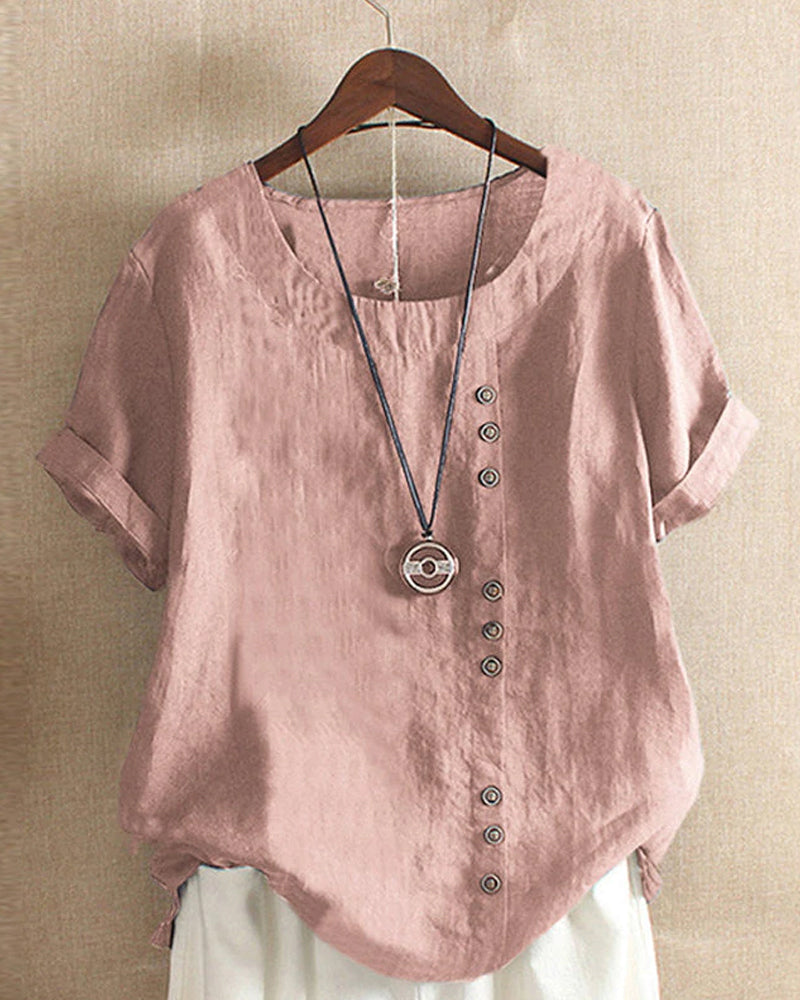 Alexandra Blouse | Zomerse Linnen-Katoenen Blouse met Korte Mouwen en Vintage Look