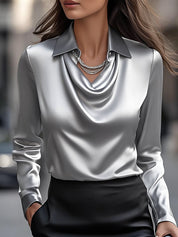 Luciana Witte satijnen dames blouse – elegante blouse met watervalhals en luxe uitstraling