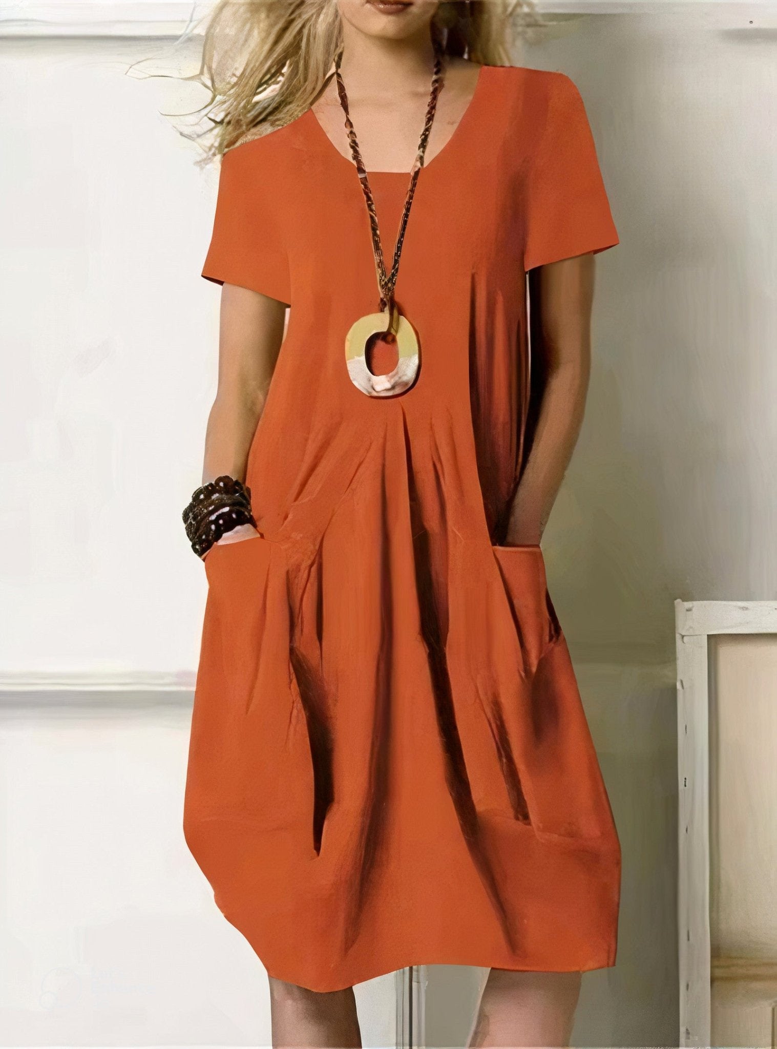 Dames A-lijn Jurk Korte Mouwen Zijzakken Ballonmodel Lente Zomer Casual - Zwart / Oranje / Beige - Maelen