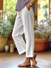 Dames Linnen Broek Hoge Taille Zakken Loszittend - Wit / Zwart / Grijs - Maelen