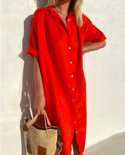 Gabriella Zomerjurk | Luchtige Katoen-Linnen Jurk met Rechte Pasvorm en Elegante Knoopsluiting