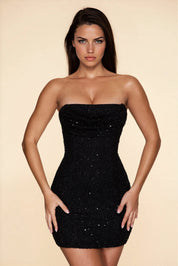 Aurelia Mesh mini jurk dames – luxe beaded bodycon dress met bandeau cowl hals