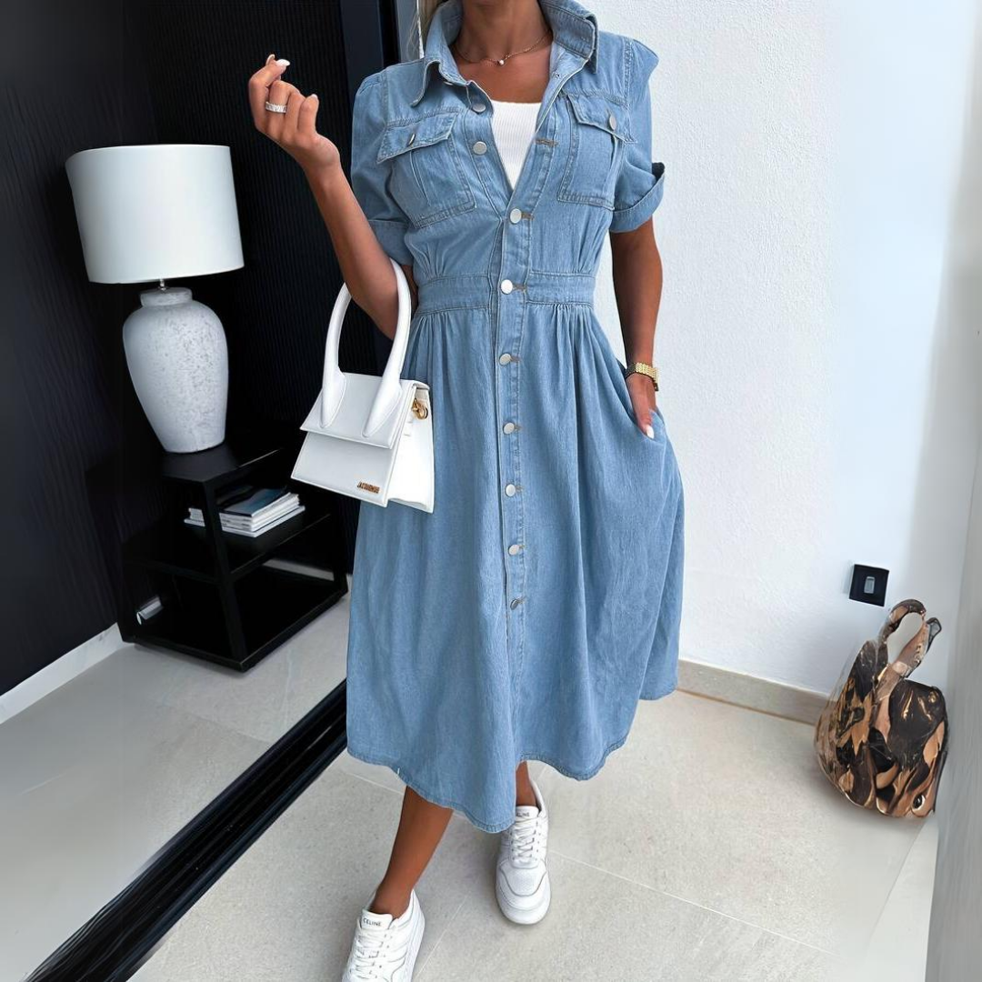 Alissa Denim Jurk | Spijkerjurk met Tailleband, Reverskraag en Enkelhoge Lengte