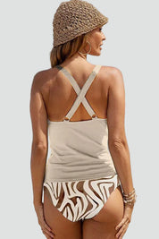 Complete Dames Tankini die Afslankt met Plooien en Slipje met Patroon, Diepe V-hals - Abrikoos