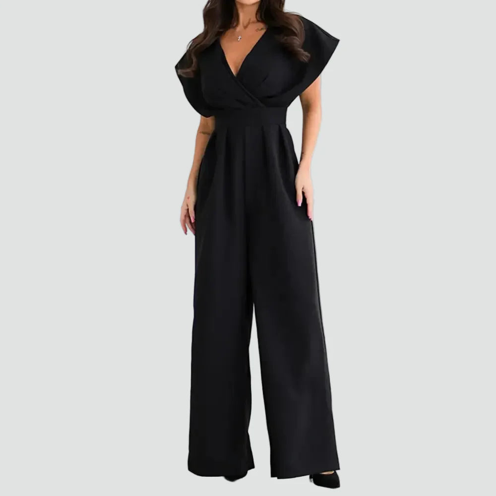 Dames Jumpsuit met Overslaghals, Wijde Pijpen en Kapmouwen - Zwart/Beige/Wit