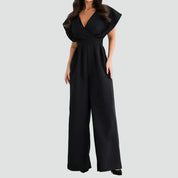 Dames Jumpsuit met Overslaghals, Wijde Pijpen en Kapmouwen - Zwart/Beige/Wit