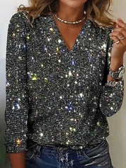 Giulia Dames Glitter V-Hals Blouse – Trendy Lange Mouwen Top voor Lente & Zomer