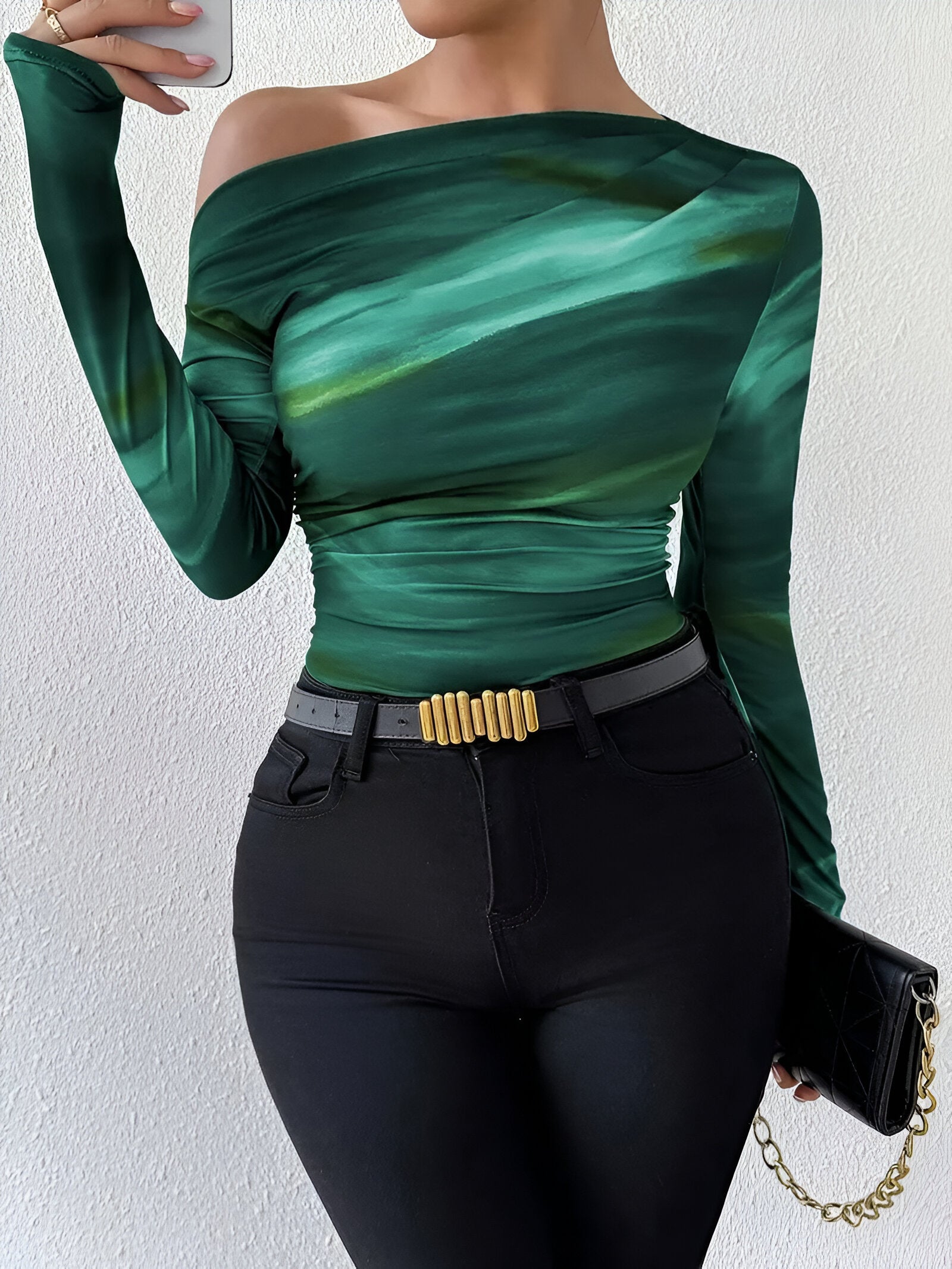 Elena Marble Top | Dames T-shirt met Asymmetrische Halslijn en Uniek Marmerkleurig Plooieffect