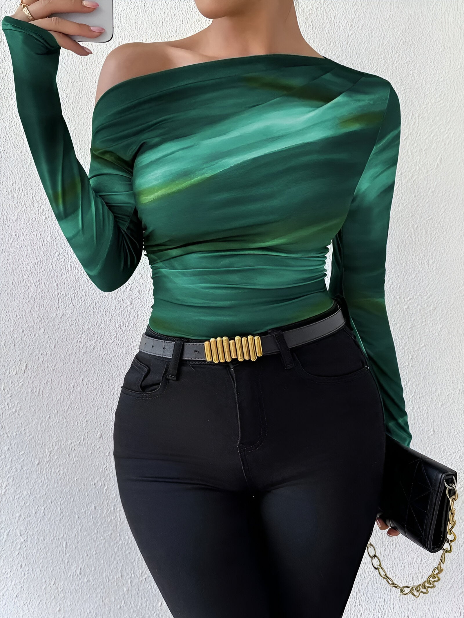 Billie T-Shirt | Gebreid T-Shirt met Asymmetrische Schouderkraag en Gemarmerd Ontwerp