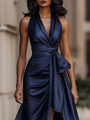 Dames Halter Maxi Jurk Satijn Look Diepe V-hals Split Vloerlengte Feestelijk - Marineblauw / Champagne / Bordeaux - Maelen