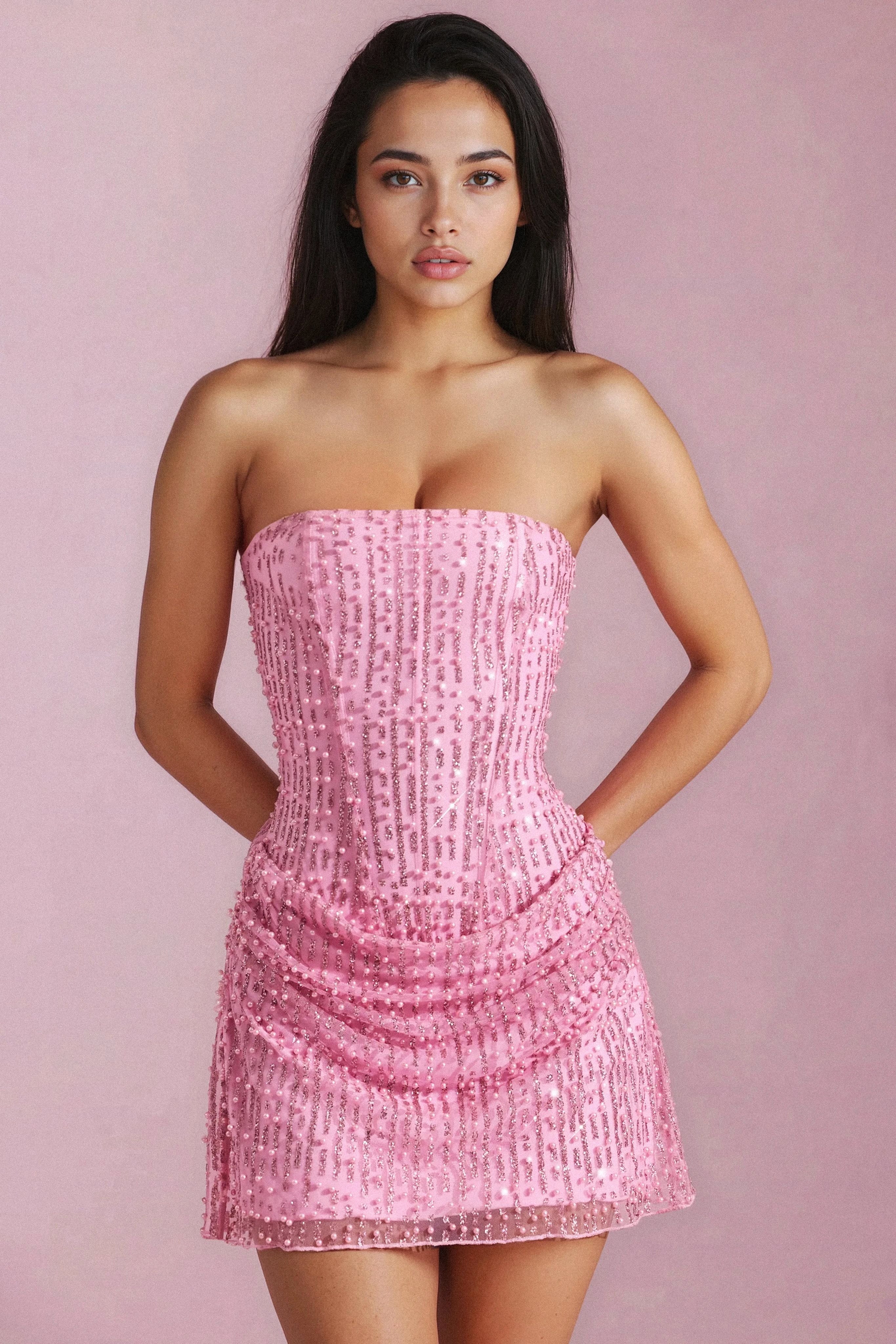 Lucente Glitter mesh mini jurk dames – chique strapless party dress met korset