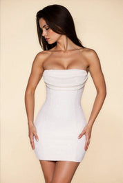 Aurelia Mesh mini jurk dames – luxe beaded bodycon dress met bandeau cowl hals