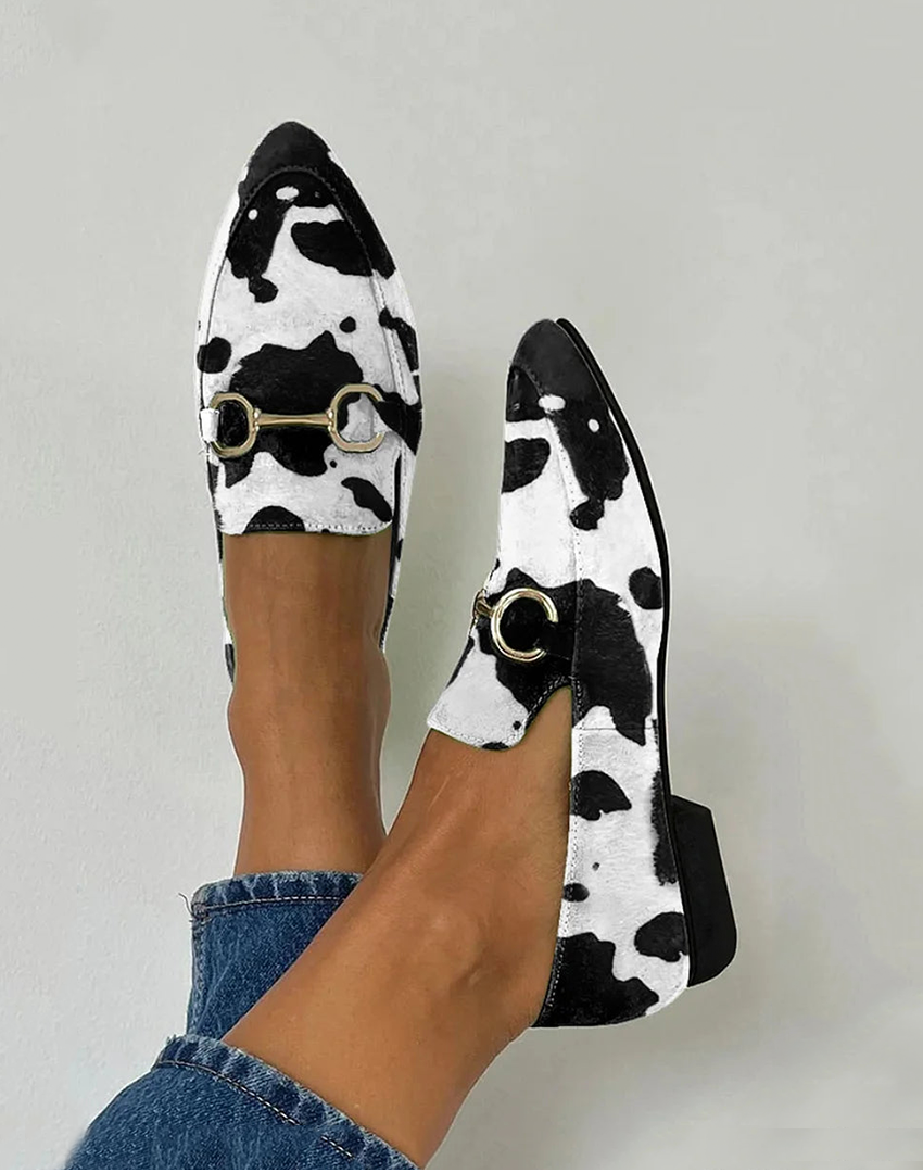 Dames Loafers Koeienhuid Print Gesp Puntige Neus Plat Casual Dagelijks - Zwart - Maelen
