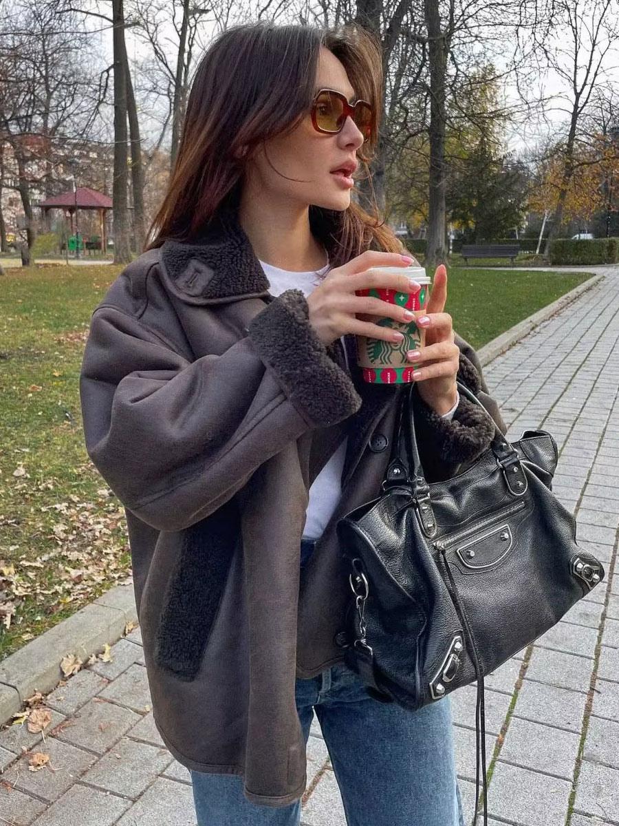 Lucia bruine leren jas met fleece voering – vintage stijl & warmte