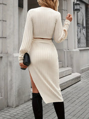 Mila Set | Beige Gebreide Dames Set met Crop Top en Comfortabele Pasvorm