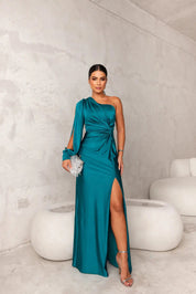 Dames Satijnen Maxi Jurk One Shoulder Gedrapeerd Split Galajurk - Turquoise / Zwart / Roze - Maelen