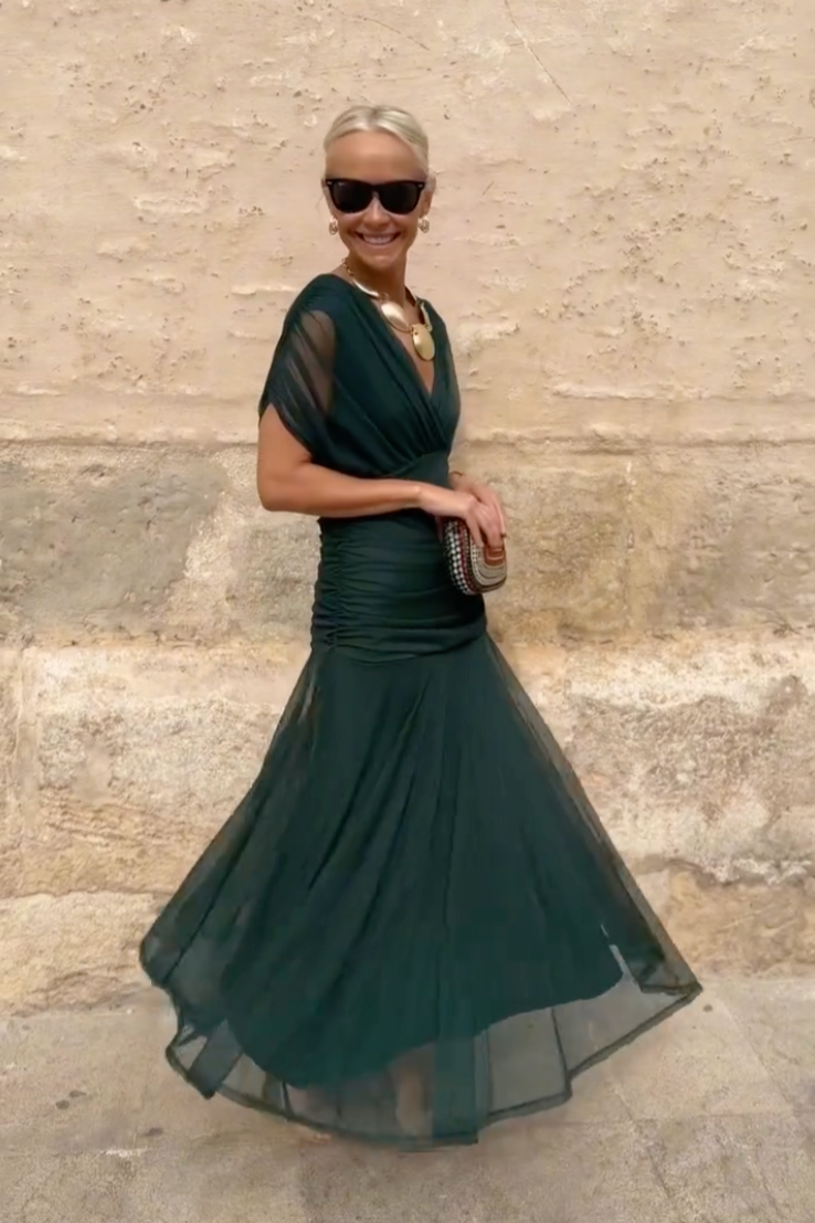 Dames Maxi Jurk V-hals Mouwloos Gesmokte Taille A-lijn Feestelijk Zomer - Multi / Flesgroen - Maelen