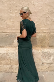 Dames Maxi Jurk V-hals Mouwloos Gesmokte Taille A-lijn Feestelijk Zomer - Multi / Flesgroen - Maelen