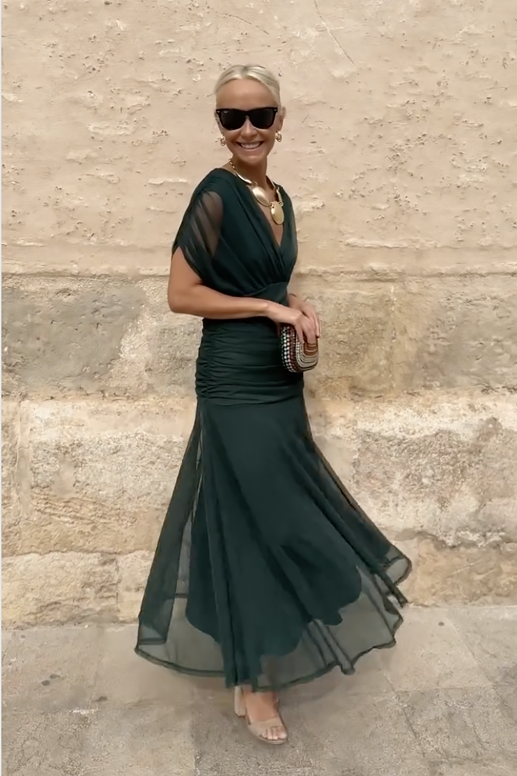 Dames Maxi Jurk V-hals Mouwloos Gesmokte Taille A-lijn Feestelijk Zomer - Multi / Flesgroen - Maelen