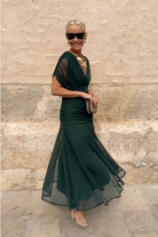 Dames Maxi Jurk V-hals Mouwloos Gesmokte Taille A-lijn Feestelijk Zomer - Multi / Flesgroen - Maelen