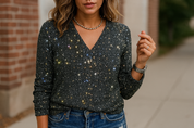 Giulia Dames Glitter V-Hals Blouse – Trendy Lange Mouwen Top voor Lente & Zomer